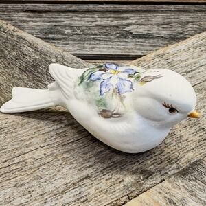 Vintage Ceramic Bisque Chickadee/Bird with HandPainted Colorado Blue Columbine